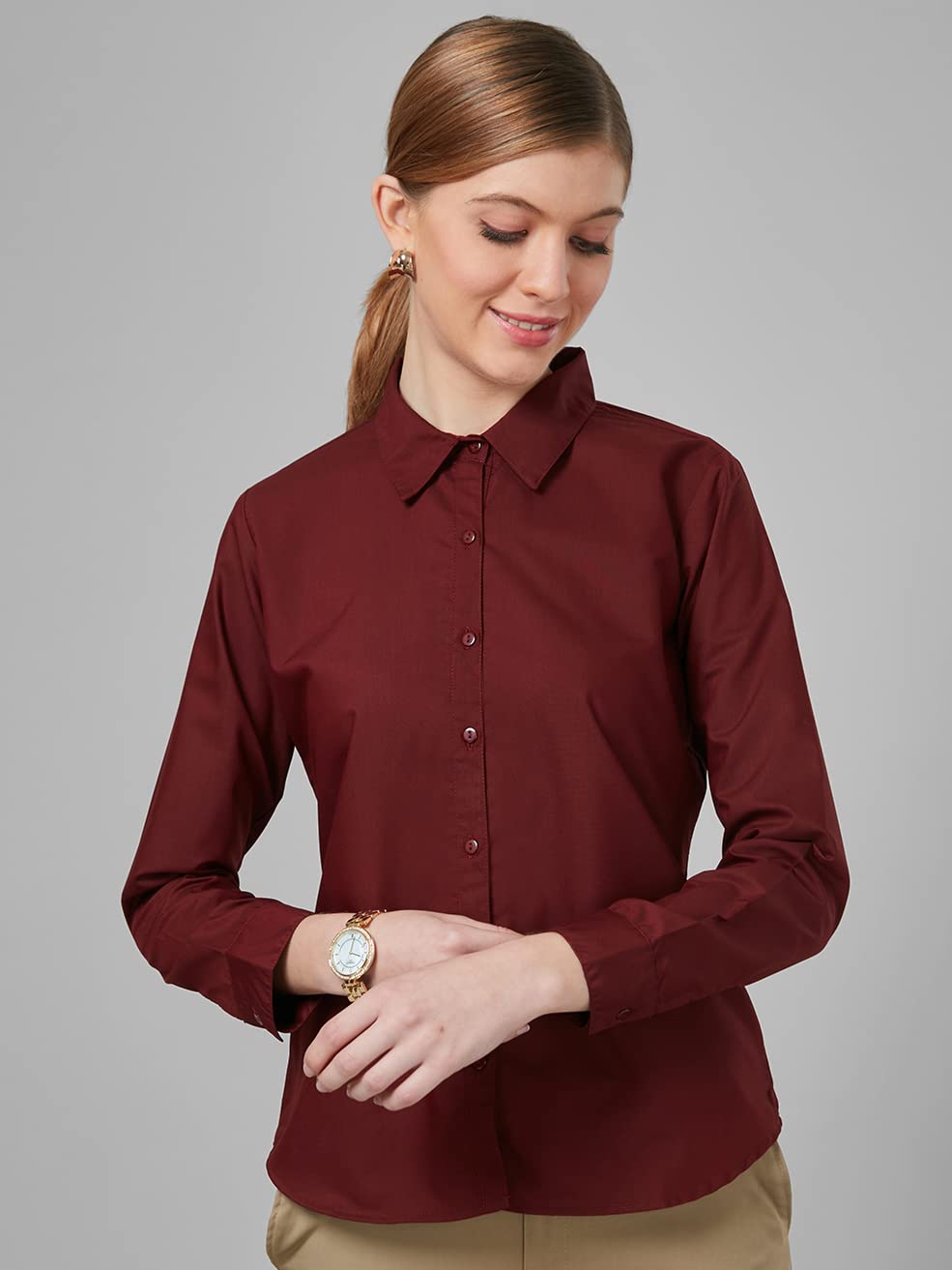 Style Quotient Women Solid Maroon Polycotton Regular Formal Shirt - Image 7 thumbnail