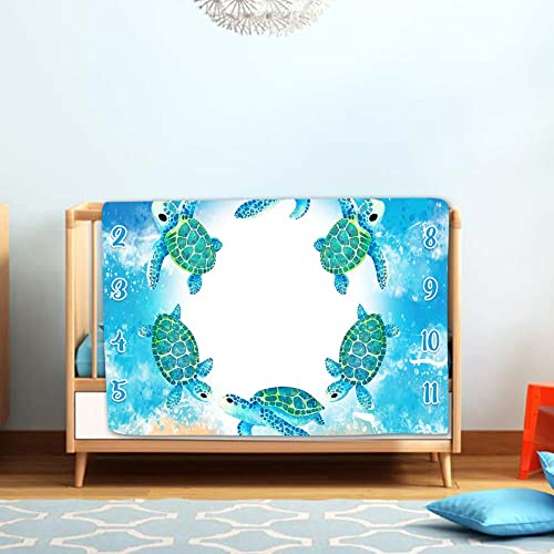 Image of Baby Monthly Milestone Blanket, Blue Sea Turtle Baby Age Blanket Beach Photo Backdrop Baby Blanket, 48x40 Inch Blue Baby Growth Chart Memory Blanket BTLSLY373