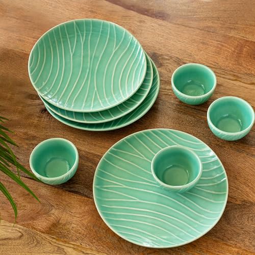 Image of ExclusiveLane 'Caribbean Green' Ceramic Dinner Set Ceramic Plates for Dinner Plates with Bowls Katoris (8 Pieces, Serving for 4, Dishwasher & Microwave Safe, Sea-Green) |Dinnerware Ceramic Serveware