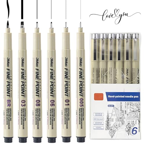 HABNI 6 Pièces Stylos Calligraphie Noir, 6 Différentes Tailles, avec Pinceau et Pointe Calligraphie, Feutres de Lettrage à la Main, Ensemble de Hand Lettering, Bullet Journal, écriture