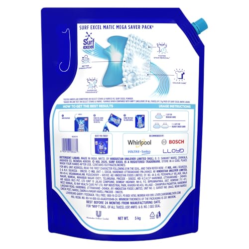 Image of Surf Excel Matic Top Load Liquid Detergent 5Kg Refill Pouch, Specially designed to remove Tough Dried Stains, 1st time in Washing Machine