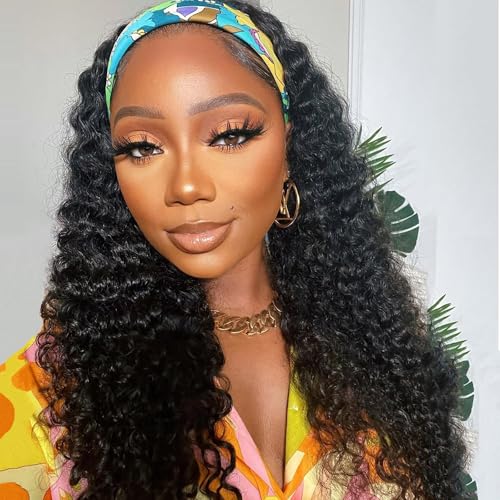 Image of Deep Wave Headband Wig 20Inch Curly Headband Wig Human Hair for Black Women 150% Density Headband Wigs Glueless None Lace Front Wigs Headband Half Wigs Natural Color