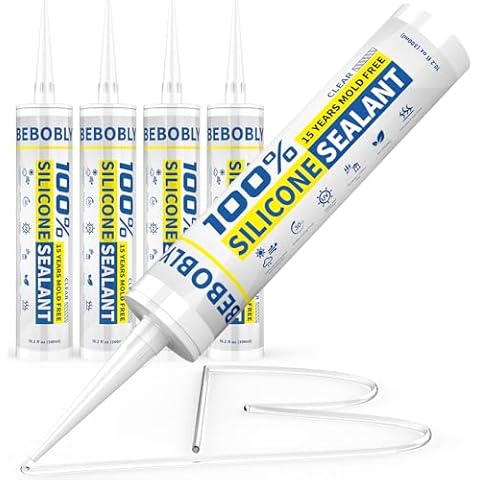BEBOBLY Silicone Caulk & Sealant Clear, 100% Waterproof Silicone Sealant, Shrink & Crack Proof, Silicone Sealant Caulking for Kitchen, Bathroom, RV, Interior & Exterior Use, 10.2 FL. OZ/300ML, 4 Pack Cover