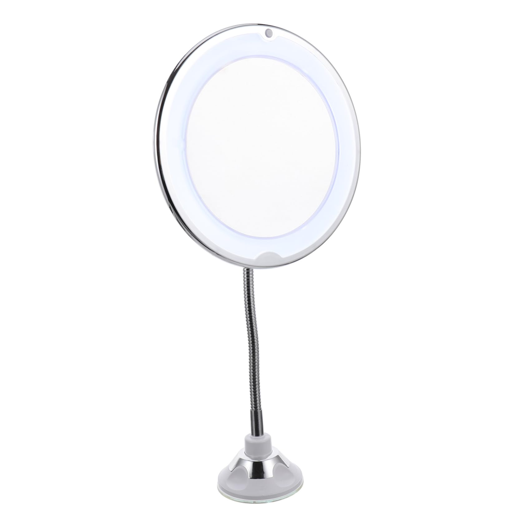 Specchio da Trucco LED 10x con Ventosa, Rotazione 360° | Argento, Plastica e Superficie Specchiante, Angolo Regolabile, per Bagno e Zone Poco Illuminate