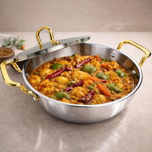 Image of SOLARA MontClaire Premium Triply Stainless Steel Kadai /Kadhai for Cooking with Golden Handles and Steel Lid, 22cm(8.6 Inch), 2.3L Capacity, Induction Friendly Triply Kadai, 100% Toxin & Chemical-Free