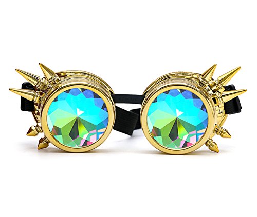 FUT Festivals Chrome Vintage Frame Steamopunk Goggles Rainbow Lenses with Kaleidoscope Crystal Lenses