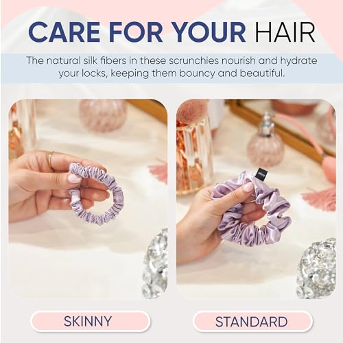 Image of Blissy Silk Scrunchies (3 Pack) - 100% Pure Mulberry Silk - 22 Momme 6A High-Grade Fibers Scrunchie for Straight & Curly Hair - Preventing Breakage, Tangling, & Creasing (Lavender Skinny)