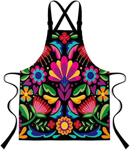 Mexican Apron,Mexican Floral Apron,with 2 Pockets 33.4x27.5 Inches Colorful Plant Flower Leaf Print Bib Apron,Mexican Women's Apron for Home Kitchen Cooking WQXPMN33