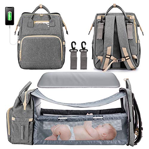 3 in 1 Diaper Bag Backpack with Changing Station, Waterproof Baby Bag with Auto Foldable Crib, Travel Bassinet with USB Charging Port and Shade Cloth (Grey)