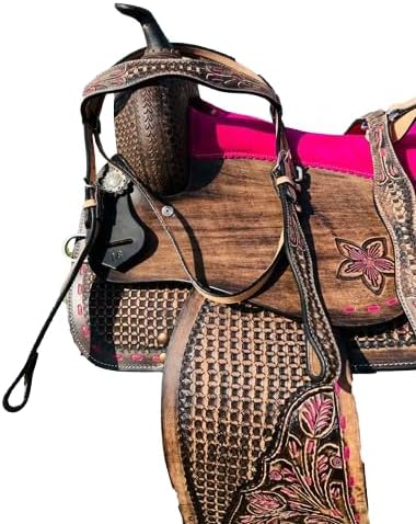 Leather Barrel Racing Western Horse Saddle Handmade Premium Custom Cowboy Cowgirl Pleasure Comfort Trail Tack Equestrian Tooled Carved Pony-Adult Saddle for Riding Size: 10-18 inch Seat, MO-11