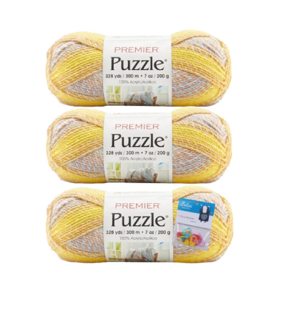 Premier YarnPuzzle - Sunny Sky - 7 Oz - #5 Bulky Weight - 3-Pack Bundle with Bellas Crafts Stitch Markers