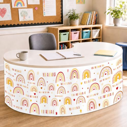 Image of 9FT Boho Rainbow Table Skirt Colorful Teacher Desk Skirt Classroom Desk Skirts for Back to School Decor Classroom Table Skirts for Back to School Supplies Office Bookcase Cabinet Decorations