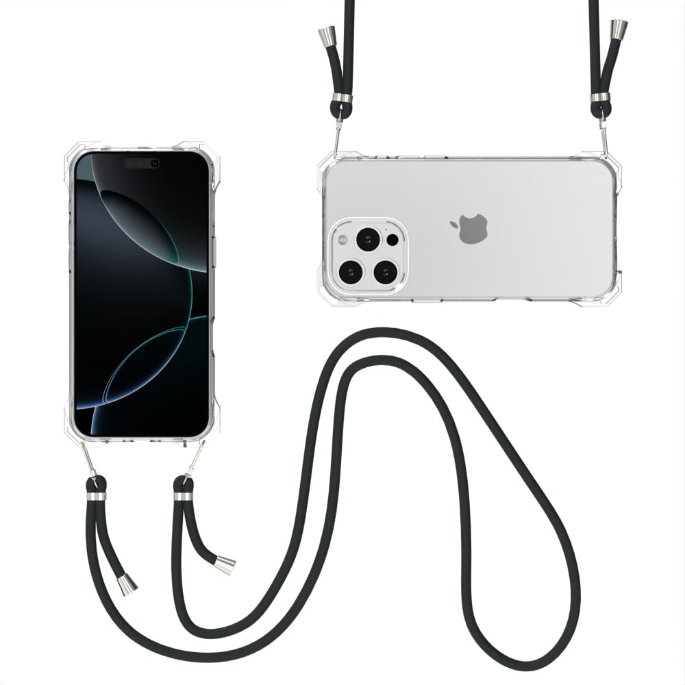 Wuwedo for iPhone 16 Pro Crystal Clear Case with Detachable Adjustable Crossbody Strap, Slim Fit Shockproof Protective Phone Case with Anti-Lost