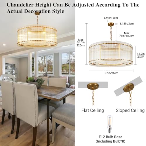 Image of 37 inch Modern Gold Round Chandelier,2-Tier 8-Light Water Ripple Crystal Glass Chandeliers,for Dining Room,Living Room,Bedroom,High Ceiling,Foyer Entryway,Luxury Chandelier