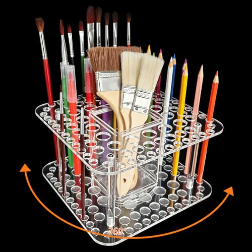 Image of Rotating Paint Brush Holder 92 Holes and Large Compartment 360 Spinning Acrylic Paintbrush Holder Organizer Artist Brush Holder Watercolor Brush Stand Rack