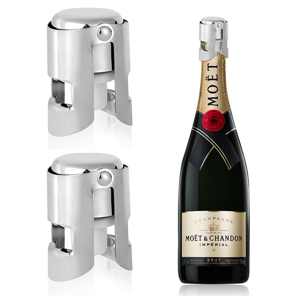2pcs Champagne Stoppers Stainless Steel Sparkling Wine Glass Bottle Save Sealer with Locking Clamp Leak-Proof Reusable Champagne Cork for Prosecco Cava Keep Bubbles Fresh