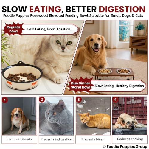 Image of Foodie Puppies Elevated Rosewood 2-in-1 Dog & Cat Feeder with Dual Stainless Steel Bowls (250ml Each) | Raised Wooden Feeding Stand | Anti-Slip Metal Legs | Food & Water Bowl