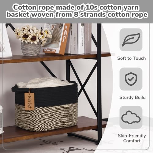 Image of Goodpick Woven Storage Basket for Shelves, Rectangle, Black & Jute | 13 inch x 10 inch x 9 inch Stylish Gift Basket for Home Decor, Wicker Baskets for Shoes, Toys & Books Storage, Reinforced Handles