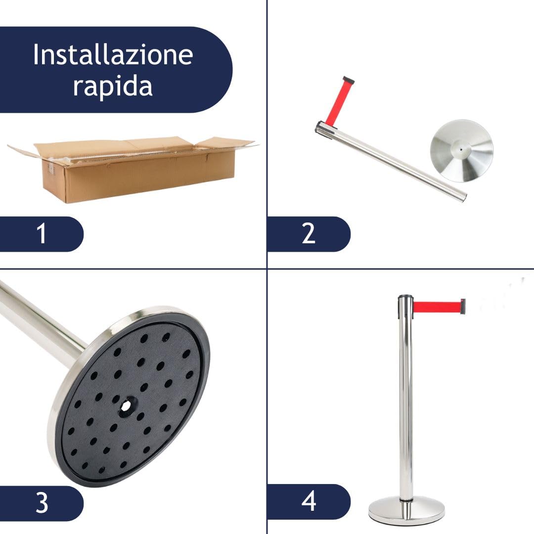 Danieli - Colonnina Segnapercorso con Nastro Estensibile Fino a 3 Metri. Acciaio Cromato Lucido, Base Conica (Rosso)