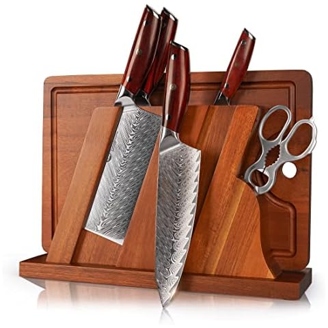 YARENH Kitchen Knife Set with Block, Cutting Board and Scissors, 7 Piece, Damascus High Carbon Stainless Steel, Full Tang African Sandalwood Handle, Professional Chef Knife Cover