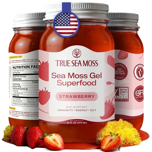 TrueSeaMoss Sea Moss Gel – Made in USA – Wildcrafted Seamoss, Fresh Fruits & Sea Vegetables – Strawberry, Pack of 1 (Labels may Vary)
