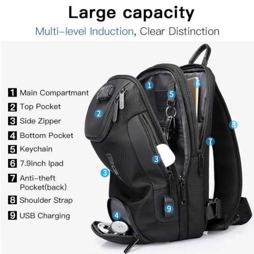 Image of BANGE Sling Backpack with Lock, Anti Theft Crossbody Shoulder Bag for Men Women, Waterproof Small Daypack with USB Charging Port for Outdoor Sports