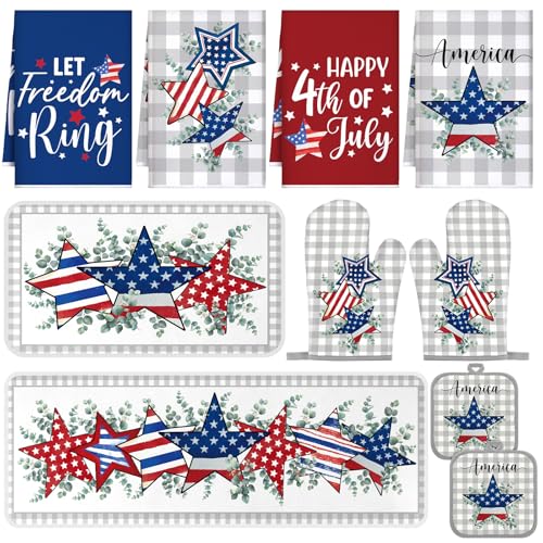 VitalCozy 10 Pcs Patriotic Kitchen Decor and Accessories Set Star Pattern 4th of July Kitchen Towels Pot Holders Oven Mitts Rugs for Independence Day Cooking Mom Housewarming Gifts 250th Anniversary
