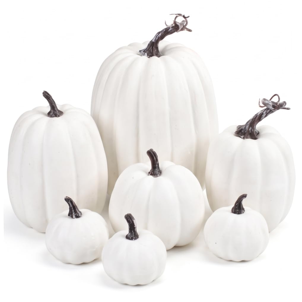 Fertnouk 7-piece Pumpkin Decor Set, Faux Foam Pumpkins, Autumn Halloween Thanksgiving Outdoor Indoor Decorations, White