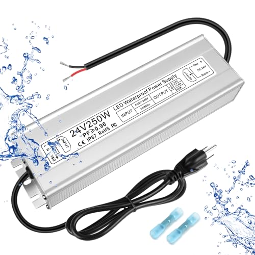 Image of LED Driver 250W 24V Power Supply, IP67 Waterproof Low Voltage Transformer, AC 80-265V to DC 24V 10.4A Converter with 3-Prong Plug 3.3 Feet Cable for Outdoor LED Lights, Industrial, Computer