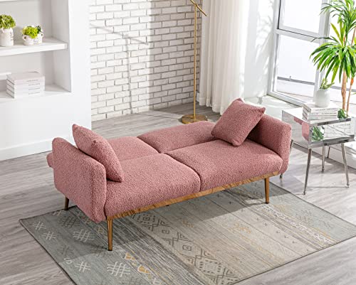 Antetek Futon Sofa Bed With 3 Adjustable Positions, Small Sleeper Sofa Loveseat With 2 Decorative Pillows, Modern Upholstered Convertible Couch With 5 Metal Tapered Legs, Brush Pink Teddy #TOP5