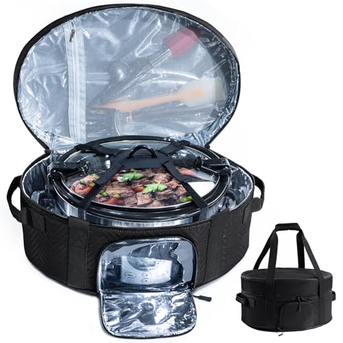 Image of Insulated Slow Cooker Carrying Bag for 6-8 Quart CrockPot and Hamilton Beach Slow Cooker with See-thought Window, Portable Carrier Case with Adjustable Band and Accessory Pocket