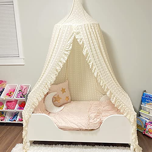 Kids Bed Canopy For Girls, Beige Crib Canopy Princess Hanging Children Canopy Tent, Toddler Girl Canopy Bed Netting For Baby Room Bedroom Reading Nook, Macrame Lace Boho Nursery Canopy With Pom Pom #TOP1