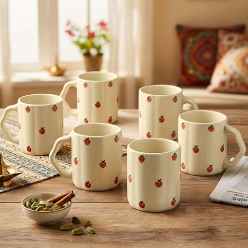 Image of The Earth Store Cream Apple Coffee Mug - 300ML Ceramic Coffee Mugs Set of 6 | Microwave & Dishwasher Safe Mugs for Gift | Home | Office | Restaurant | Daily Use
