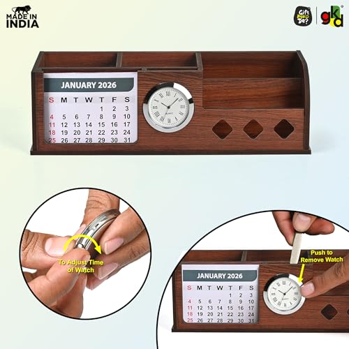 Image of Gift Kya De Desk Organizer with Wooden Diary, Bamboo Pen, 2026 Calendar, Clock, and 4 Compartments - Elegant Wooden Table Organizer for Office and Home Use (Combo 1)
