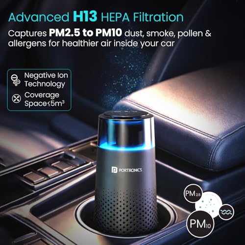 Image of Portronics AeroDrive, Type-C Powered Car Air Purifier with H13 HEPA Filter, 3-Stage Filtration(Pre-filter, HEPA13 & Activated Carbon Filter) 360 Air Intake,Removes PM 2.5 & PM 10,RGB Ambient Lighting
