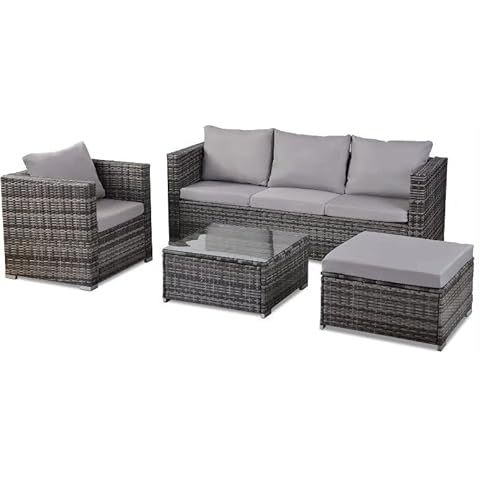 STAFFORA 4 Piece Outdoor Patio Furniture Sofa Set with Coffee Table - Gray Weaved All Weather Garden Chairs and Sofa with Tempered Glass Table Top - Conversation Set for Balcony with Cushions Cover