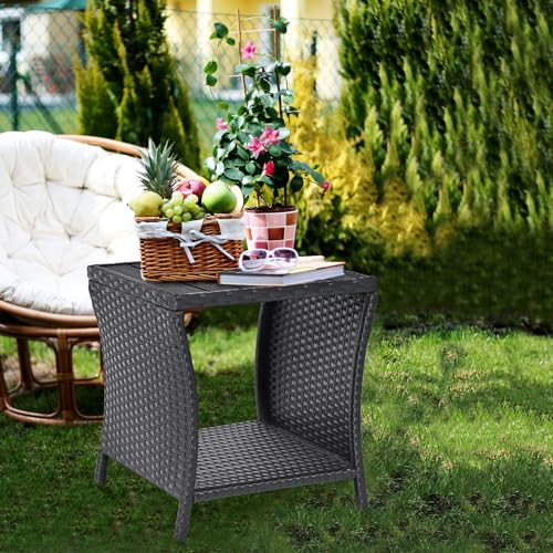 Outdoor Side Table Small Outdoor End Table for Patio Black Wicker Rattan Coffee Table with Storage & Poly Lumber Table Top Square for Outside Balcony Porch Backyard Deck - Thumbnail 3