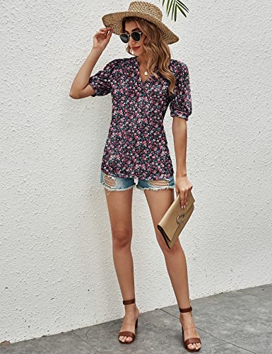 Romanstii Women V Neck Shirts Puff Sleeve Blouse Top Loose Clothes,Red/Black Floral,S #TOP5