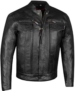 Men's Commuter Premium Natural Buffalo Leather Motorcycle Jacket CE Armor Conceal Carry Gun Pockets Cruiser Biker Black L