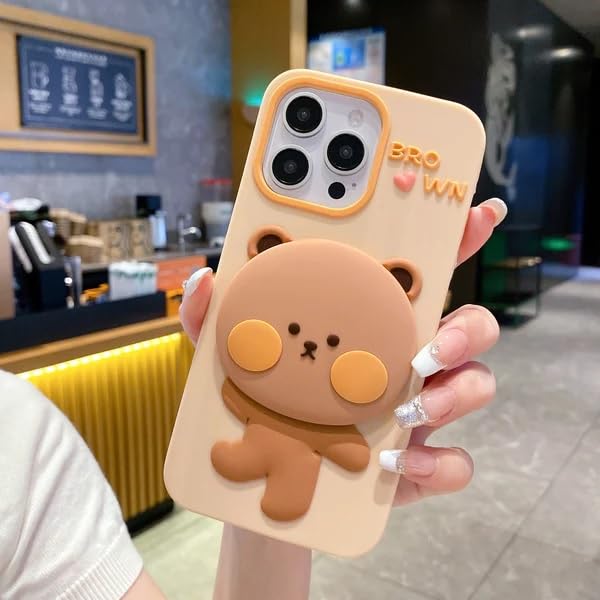 Image of COVERLY for iPhone 15 3D Teddy Bear Mirror Cartoon Stand Case,Premium Silicone Case Full Protective Cute Feel Love with Phone Holder Cool Makeup Mirror Cute Kawaii Aesthetic Cover for Apple iPhone 15