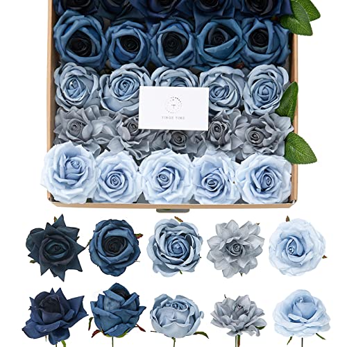 TINGE TIME Artificial Flowers, 25pcs Real Looking Gradient Blue Rose Fake Roses w/Stem for DIY Wedding Bouquets Centerpieces Arrangements Party Baby Shower Home Decorations