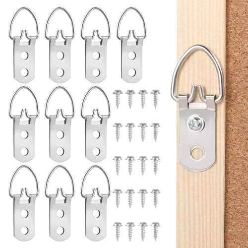 Image of 10 Packs Heavy Duty D Ring Picture Hangers with Screws, Metal Extra Large 2 Holes D Rings Picture Frame Hanging Straps Hook Hardware Kit for Hanging Clock Mirror Artwork Pictures Photo Frame, Silver