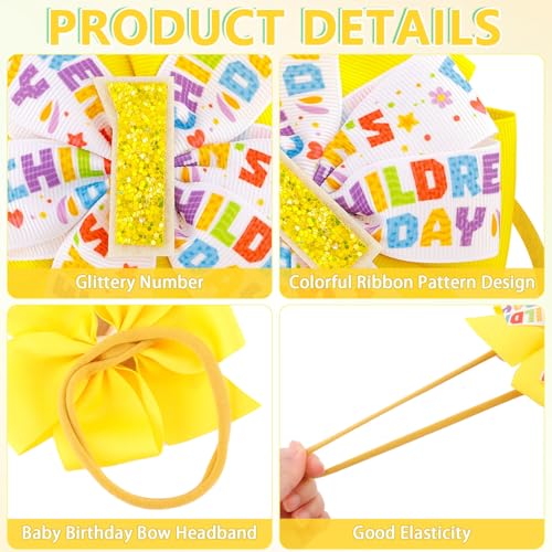 CUBACO Yellow Hair Bow Birthday Headband Bows for Baby Girls 1 2 3 4 5 6 Years 4.7" Baby Headband Yellow Hair Ribbon Accessories Bows for 1 Year Old Outfit Girl 1st birthday decorations girl3