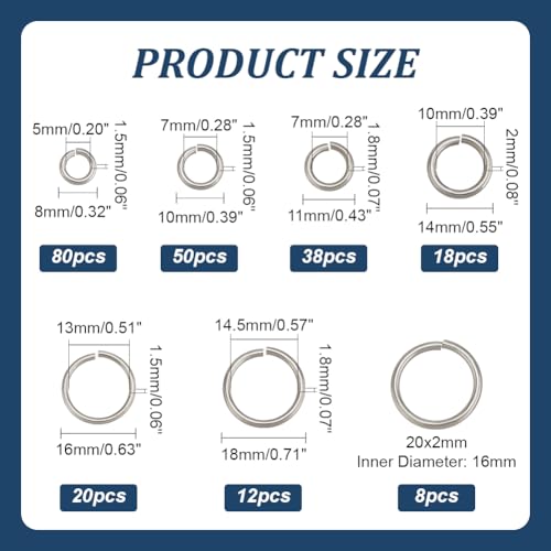 PH PandaHall 226pcs 7 Sizes 304 Stainless Steel Open Jump Rings 8/10/11/14/16/18/20mm Large O Rings Round Jump Rings Jewellery Connector Rings for Keychain Necklaces Jewellery Making 15/13/12 Gauge - Image 2