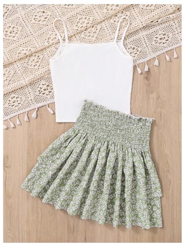 Image of RoseSeek Girl's 2 Piece Outfits Lace Ruched Camisole Tops and Shirred High Waisted Layered Floral Skirts Set