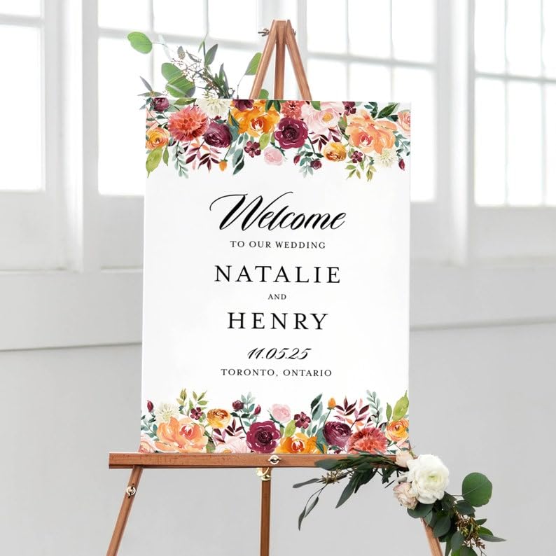 Welcome To Our Wedding Sign, Wedding Welcome Sign, Personalized Custom Wedding Sign, Fall Wedding Welcome Sign, Watercolor Autumn Blooms Wedding Poster, Burgundy & Orange Florals Sign, BG9