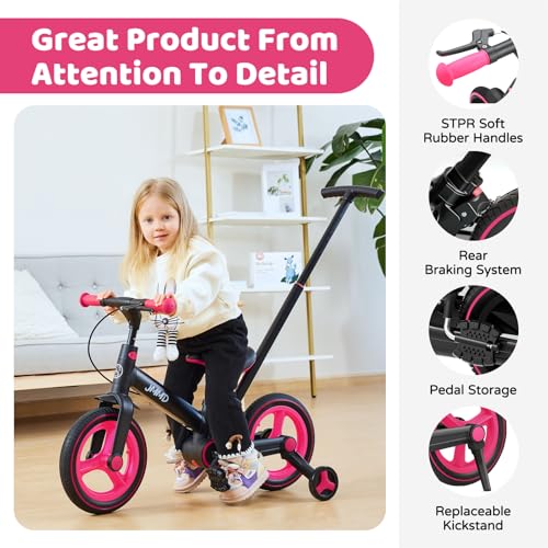 Image of JMMD 6 in 1 Toddler Bike with Push Handle for Kids 18-60 Months, 12 inch Foldable Balance Bike with Training Wheels, Pedals, Brakes, Kickstand, Push Tricycle Toddler Gift & Toys for Boy & Girl