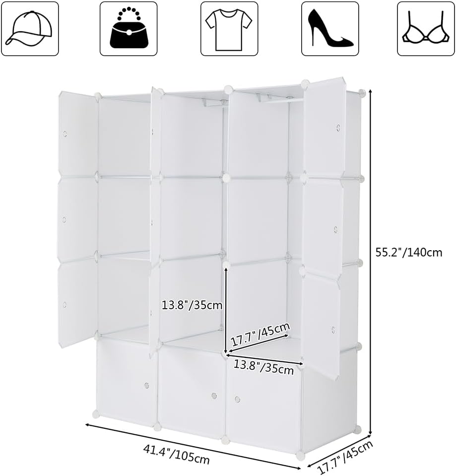 12 Cube Storage Organizer, Stackable Storage Shelves with Hanging Rod Customizable Closet Cabinet Durable Steel Frame Multi-Use DIY Design 13.8 inch Panels Max 10lb Capacity per Cube White