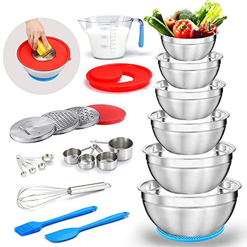 Mixing Bowls Set, MIKULA Stainless Steel Nesting Bowls Metal Mixing Bowl with 9.4" Lid & Graters Size 7, 6, 4.5, 3.5, 2.5, 2QT Kitchen Bowls Measuring Cups Tools for Cooking Prepping Baking Serving