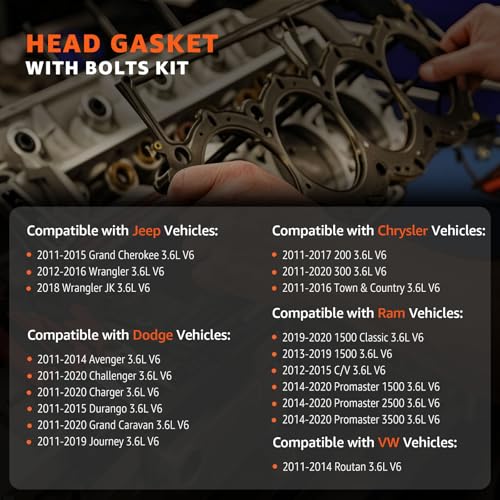 Image of 3.6 Head Gasket Set w /Bolts 2011-2016 for Jeep Grand Cherokee Wrangler, 2011-2020 for Dodge Avenger Challenger Charger Journey for Chrysler 200 300 Ram 1500 2500 3.6L Pentastar V6 HS26541PT ES72467